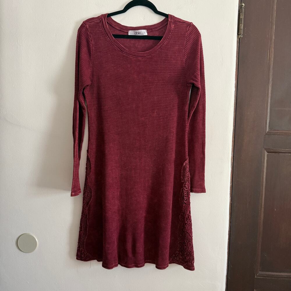 ABLE | Burgundy Marroon Waffle Knit Fit Dress with Lace on sides | Small